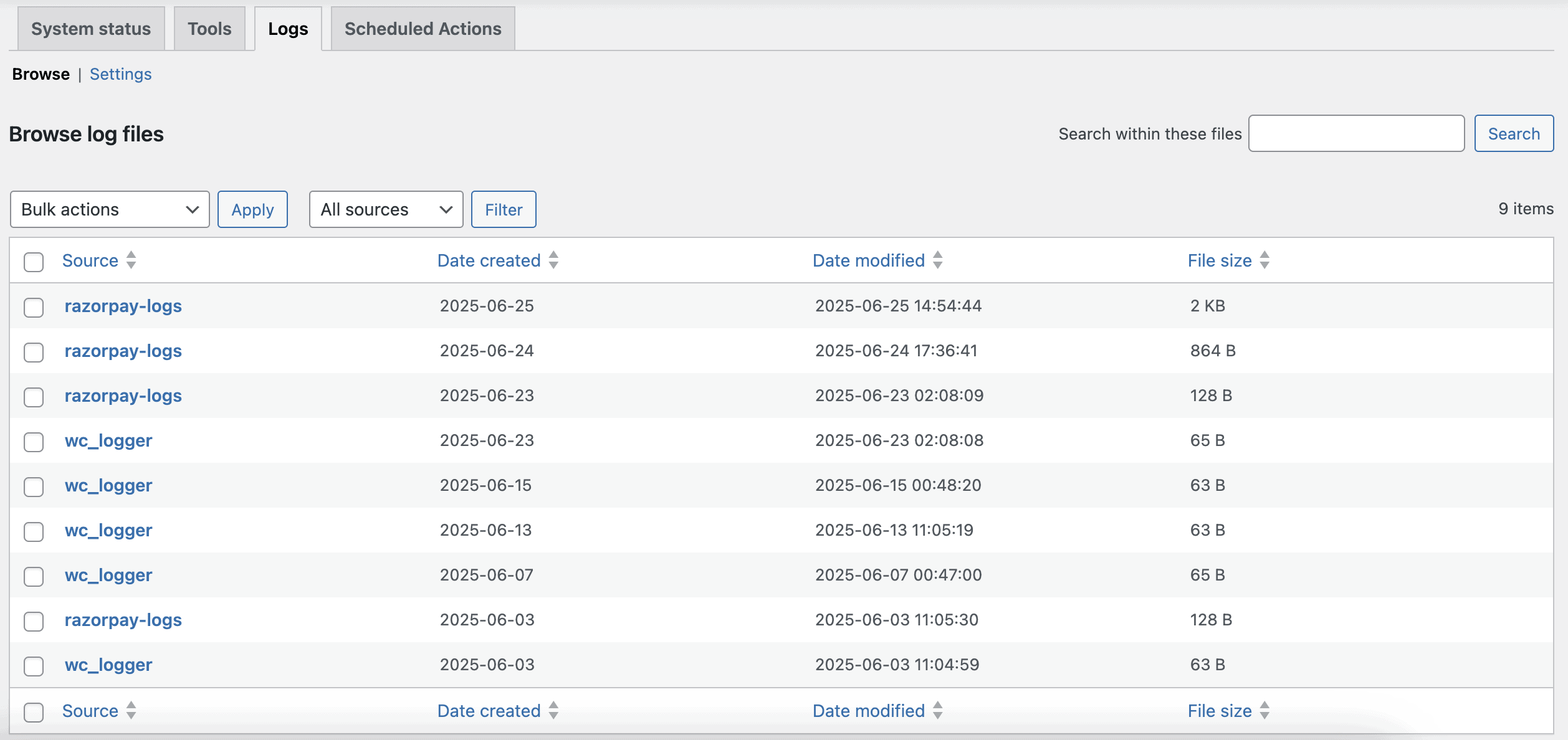 WooCommerce debug log